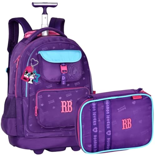 Kit Rebecca Bonbon Mochila Escolar com Rodinhas 19 Polegadas e Estojo para 36 Canetas, Material Reforçado, Infantil Meninas (Roxo)