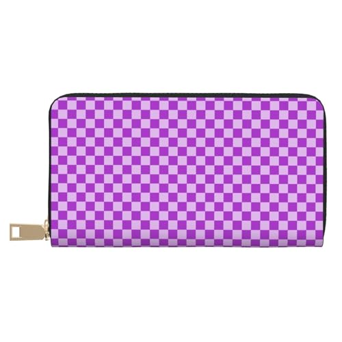 Purple Lilac Checkered Print Wallet Women, Leather Bifold Multi Card Wallet, Long Purse Women's Wallets