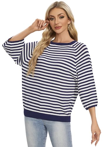 Image of Betu Women Striped Crewneck Batwing 3 /4 Sleave Fall Oversized Ribbed Knit Pullover Sweaters, 520 S