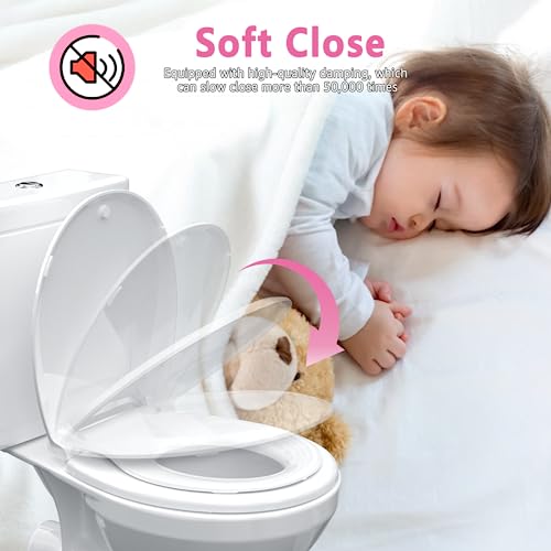 Image of Aunsffer Toddler Toilet Seat with Potty Training Seat Round 16.5inch, 2 in 1 Toilet Seat for Family Built-in Baby Seat Removable, Soft Close + Easy Clean, PP Safe Material, White