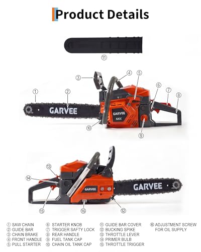 Image of Garvee 52cc Gas Powered Chainsaw, 2-Stroke Engine with Quick Start & Ergonomic Non-Slip Handle for Efficient Wood Cutting, Tree Trimming and Land Clearing- Orange