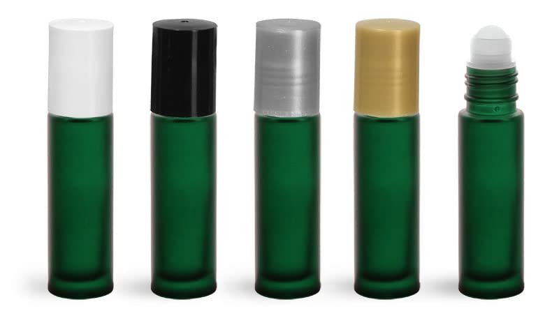 .35 oz w/White Green Frosted Glass Roll On Containers w/PE Balls and White Caps