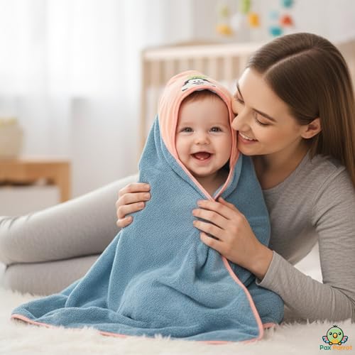 Image of Ultra-Soft Baby Hooded Towel | 4 Characters Stickers for Baby |100% Cotton, Hypoallergenic & Super Absorbent Bath Wrap for Newborns & Toddlers | Cute Animal Design (Blue & Orange)