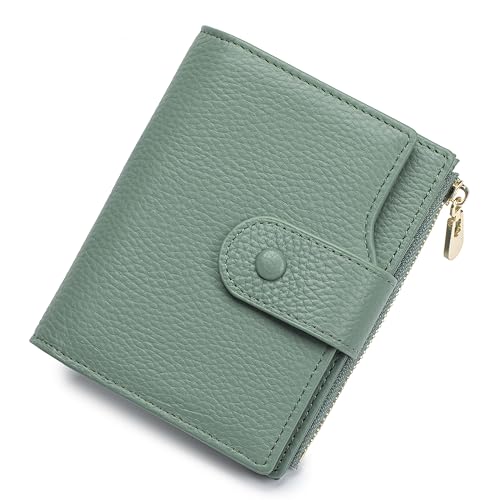 Image of Genuine Leather Wallets for Women RFID Blocking Bifold with Zipper Pocket, 2 ID Windows, 18 Card Slots, Green
