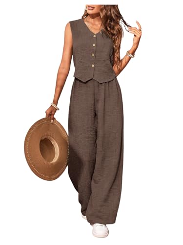 Image of GORGLITTER Women's 2 Piece Co Ord Sets Button V Neck Sleeveless Blouse Long Pants Lounge Wear Casual Outfits Holiday Clothes Chocolate Brown M