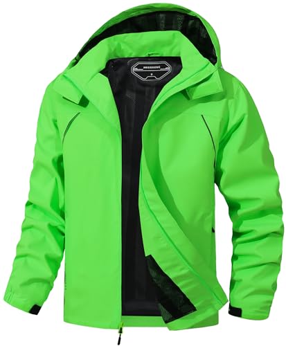 MAOYSSEN Outdoor Herren Regenmantel Wasserdicht Windbreaker Leichte Regenjacke mit Abnehmbarer Kapuze, leuchtend grün, X-Large