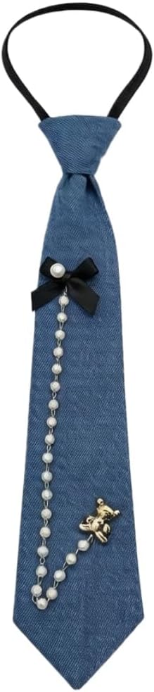 Denim Tie with Pearls, Blue Stylish Fashion Necktie