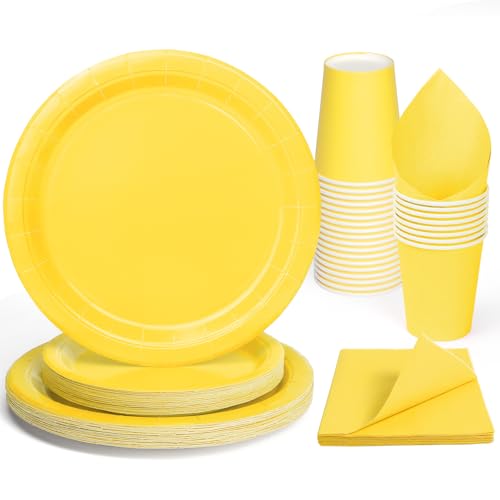 PARTY GO 96PC Gelb Pappteller, Partybecher, Servietten, Partygeschirr