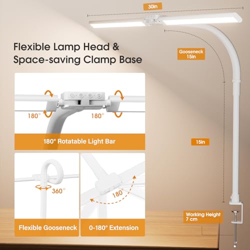 Image of SIBRILLE LED Desk Lamp for Home Office - Dimmable Computer Desk Light with Clamp, Modern Architect Task Lamp with Color Changing, Flexible Desktop Lamp with Gooseneck for Monitor, Double Head, White