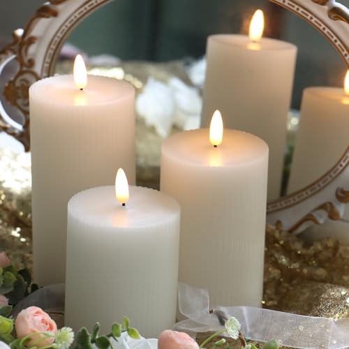 Image of 3 Pack Wax LED Flameless Candles with Remote Real Wax Battery Operated Electric Pillar Candle Set with Vertical Stripes 3D Black Wick for Home Party Wedding Decorations, White, D 3 x H 4 /5 /6 inch