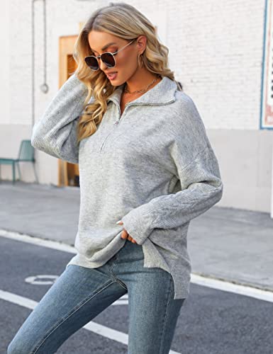 Bmjl Womens Pullover Sweaters Quarter Zip Pullover Collared Sweater 2023 Fall Soft Slouchy Long Sleeve Tops With Slit (Grey, L) #TOP1