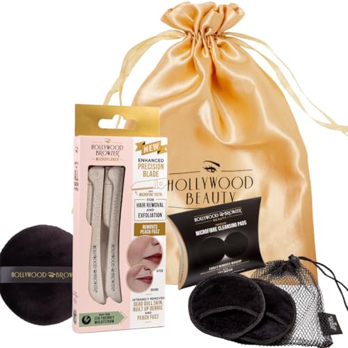 Hollywood Browzer Ultimate Glow Duo Kit - Dermaplaning Microplaner Razor + Deluxe Makeup Puff + Cleansing Pads