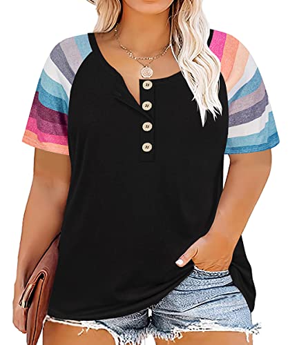 RITERA Plus Size Tops For Women Short Sleeve Shirt Colorblock Shirt Button Tee Shirt Casual Crewneck Blouse Loose Tee Summer Black - Striped 2Xl