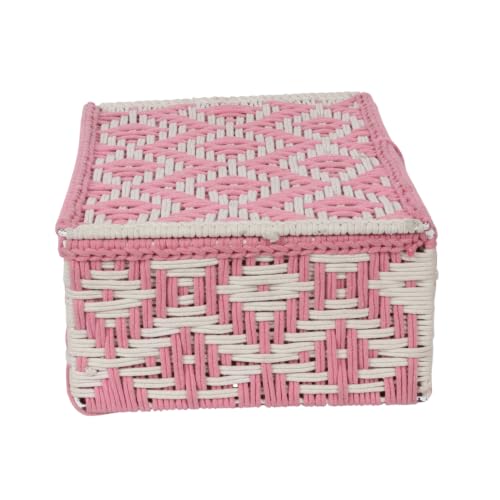 Image of Kaahira Handmade Decorative Storage Box and Organiser | Macrame Gift Hamper Box for Cosmetics, Toiletries & Return Gifts | Aesthetic Rope Woven Organizer (Pink and White, Large - 14x10x4)