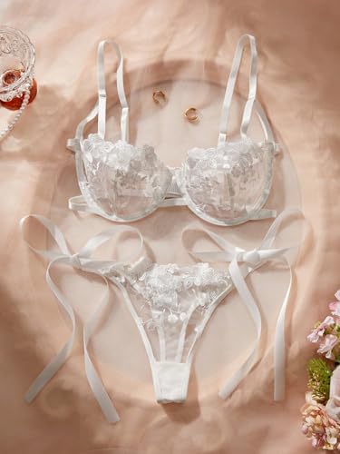 Image of Lilosy Sexy Tie Side Cute Underwire Push Up Strappy Embroidered Mesh Sheer Lingerie Set