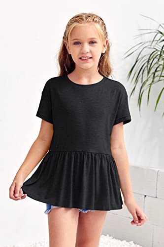Image of Ebifin Girls Short Sleeve Tops Kids Peplum Babydoll T Shirts Tees 4-15Y | Girls T-Shirts, Crew neck Short Sleeve Shirts, Casual Tunic Tops, Cute Blouses, Summer Tees, Ruffle Hem, Loose fit