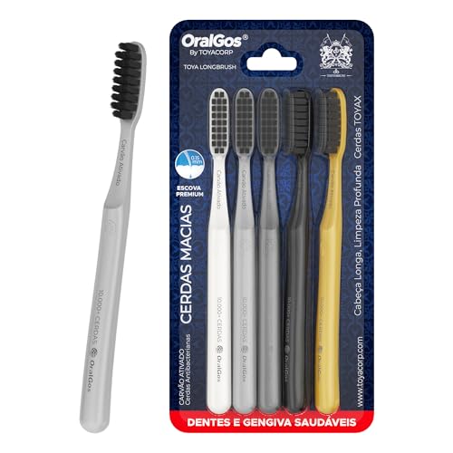OralGos Escova de Dente Adulto, Cerdas de Carvão Ativo, Macia, 5 Unidades