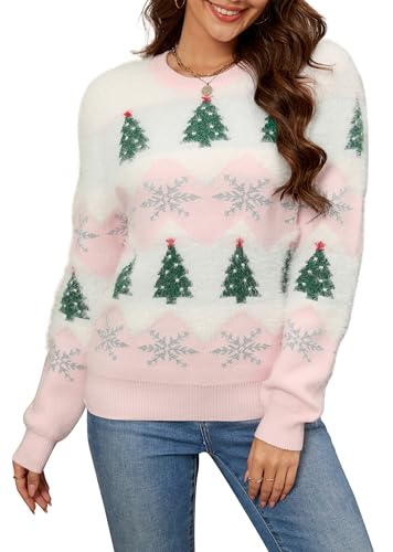 LUBOT Ugly Christmas Sweaters for Women Womens Christmas Sweater Cute Fuzzy Funny Tacky Holiday Parties Knitted Pullover Plush Pink Tree-S