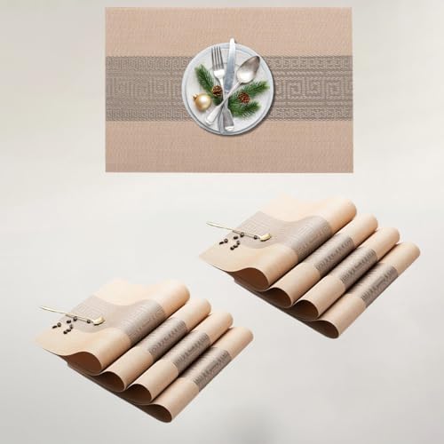 Image of YELONA Placemats Set of 8, Heat-Resistant Woven Vinyl Table Mats, Non-Slip & Washable Dining Tablemats for Kitchen & Dinner Decor, Almond Beige (45cm x 30cm)