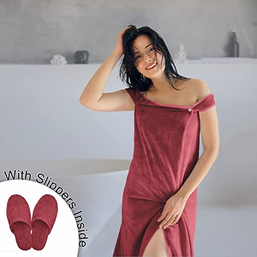 Image of Sassoon Venir Microfiber Bath Wrap Towel,450 Tc With Slippers For Women (Pack Of 1) - Crimson Color