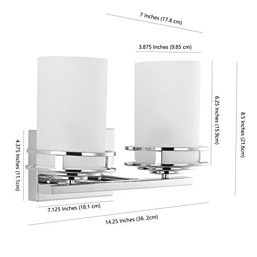 Image of JONATHAN Y Fairfax 2-Light Bathroom Vanity Light 14.25 inch Metal /Glass, Chrome | Art Deco Style, Frosted White Cylinder Shades, Dimmable, LED Bulbs Included, Hardwired Mirror Wall Sconce
