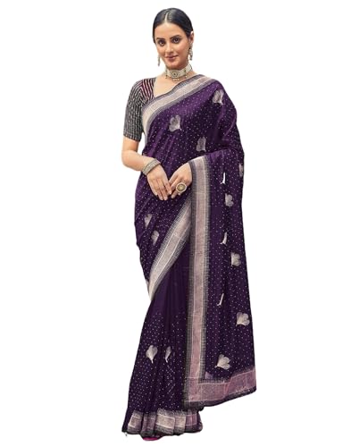 Image of SIRIL Women's Vichitra Silk Embroidery Stone Work Saree With Unstitched Blouse Piece