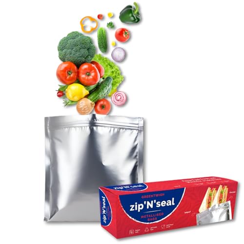 Image of GREENTWISH Zip 'N' Seal (30 Bags) Metallised Silver Zip Lock Bags, Reusable Sandwich and Food Storage Bag, Airtight Foil Pouch with Zipper, Freezer Safe, Polyethylene | Size: Medium (8x9 Inch)