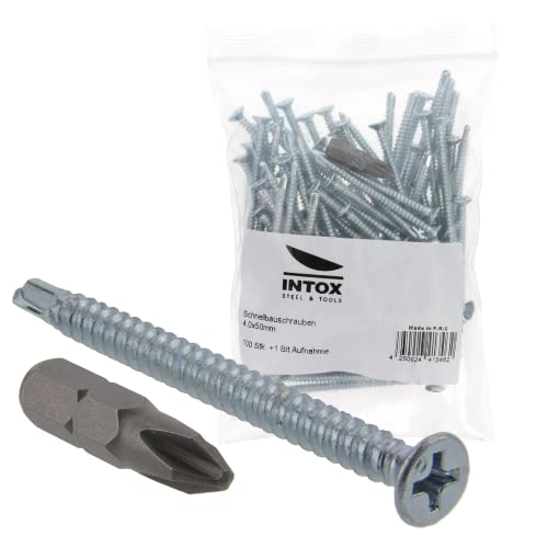 INTOX Schnellbauschrauben mit Bohrspitze 4x50mm im Beutel 100 Stück Kreuzschlitz Schraube verzinkt mit Senkkopf inklusive Kreuz Bit Cover