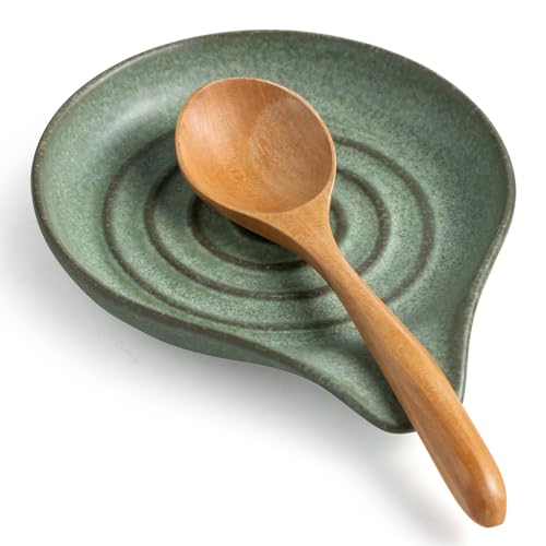 Image of LAUCHUH Spoon Rest, 5-Inch Ceramic Spoon Holder, Heavy Duty Heat Resistant Ladle Holder for Stove Top, Decorative Kitchen Decor, Dishwasher Safe, Sage Green