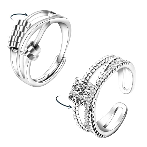 Emibele 2 Pièces Bagues pour Femme, Ensemble d'Anneaux au Doigt Ouvert en Cuivre, Bague de Queue Réglable avec des Petits Anneaux Rotatifs, Accessoires de Bijoux pour Adolescents Filles, Argent Cover