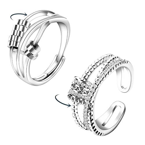 Emibele Fidget Anxiety Ring for Women, 2-Pack Stress Relief Rings with Beads Spinner to My Daughter Fidget Ring Open Adjustable Swivel Ring Set Fidget Jewelry Gift for Women Girls, Silver