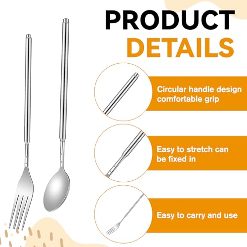 JJUNW 2Stück Teleskopgabel, Ausziehbare Gabel Löffel, Edelstahl Teleskopgabel mit Langem Griff Edelstahl Teleskoplöffel Besteck Lange Griff Ausziehbar für BBQ Toasten Abendessen Dessert (Löffel+Gabel)