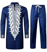 ZEROYAA Men's Africa Suit Long Sleeve Bronzing Print Shirt and Pants Outfit Traditional 2 Piece Set