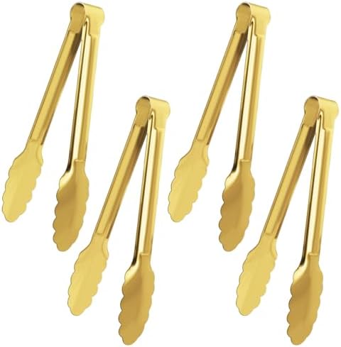 XEVOM Gold Buffet Tongs - 4 Pack, 9 Inch, Stainless Steel Gold Plated Serving Tongs