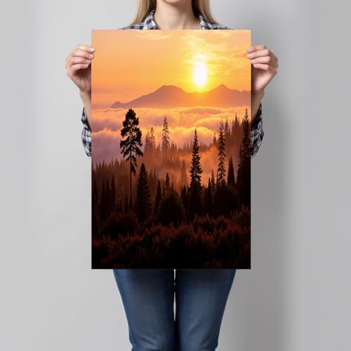 Cuadros decorativos de bosque de niebla, arte en lienzo de atardecer para un hogar acogedor 4