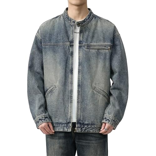 JEShifangjiusu Mens Stand Collar Spring Trendy Coat Moto Biker Zip Up Lightweight Jacket Slim-Fit Distressed Denim Outwear