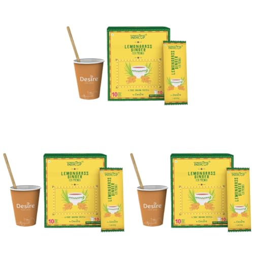 Image of INDICUP Lemongrass Ginger Tea Instant Premix, Pack Of 3-10 Sachets (140Gms), Instant Tea Mix, Refreshing Taste - Green, Powder