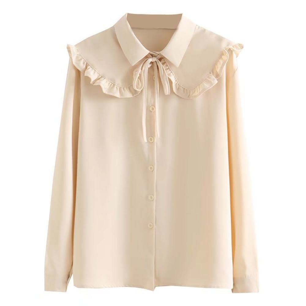 Chemisier Femme,Femmes Beige Court en Mousseline De Soie Revers À Volants Bouton De Cravate Doux Mignon À Manches Longues Printemps Été Chemisiers Élégant Tunique Décontracté Élégant Hauts