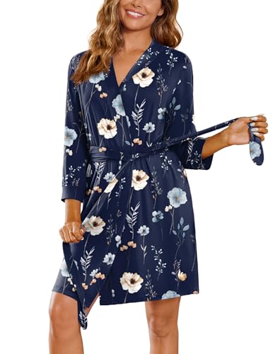 Image of Ekouaer Women's Robes Lightweight 3 /4 Sleeve Short Knit Bathrobe Soft Knee Length Sleepwear Robes with Pockets S-XXL
