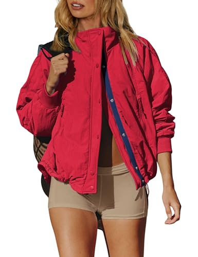 Qiaomai Womens Casual Jackets Warm Fleece Lined Windbreaker Tripper Jackets Outerwear with Pockets (Red-L)