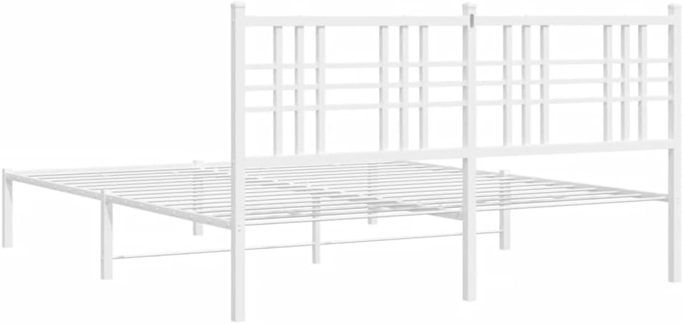 Bed Frame White Powder-Coated Steel King Size 59 x 79 in Platform Foundation with Sturdy Slatted Support Easy Assembly Minimalist Modern Bedroom Furniture Storage