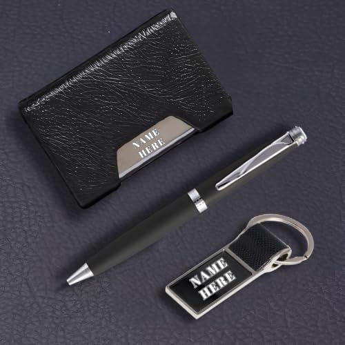Image of 3 in 1 Personalized Pen with Keychain & Cardcase Combo Gift Set | Custom Name Engraved Leather Notebook with Metal Pen