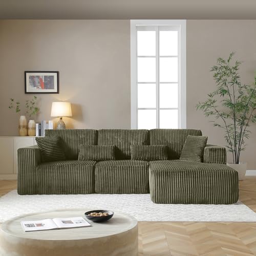 Image of L Shaped Modular Boneless Sectional Couches for Living Room, Wide Armrest, Deep Seat, Memory Foam, Assembly Free, Modern Comfy Corduroy Fluffy Cloud Sofa with Right Chaise, Green
