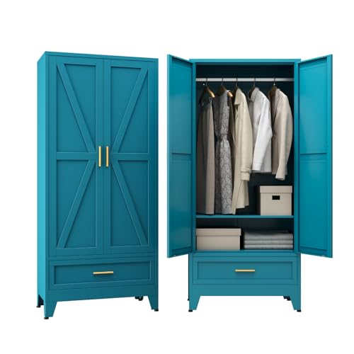 Metal Wardrobe Closet Hanging Rod 71" Tall, Heavy Duty Steel Armoire Wardrobe Cabinet, Clothing Storage Cabinet for Bedroom, Office, Laundry Room, 1 Drawer, Blue