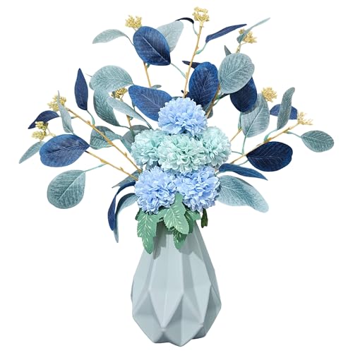 Image of Combo Set of Modern Geometric Vase and Premium Handmade Realistic Artificial Flower Bouquet for Living Room, Bedroom, Office & Gifting (Light Green & Blue)