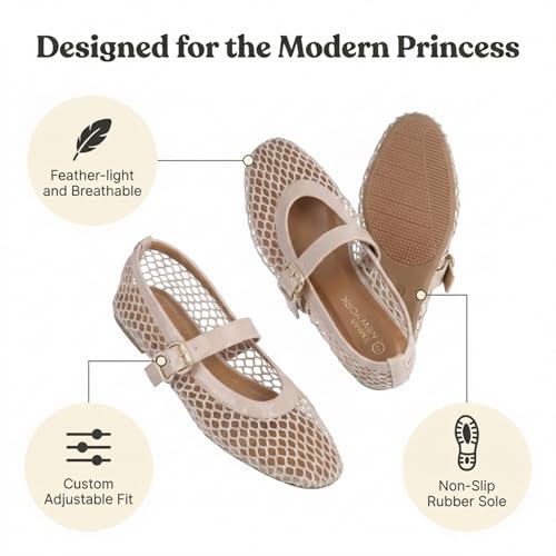 Image of EMMA NEW YORK Mesh Ballet Flats for Women, Mary Jane Mesh Ballet Flats Shoes for Women with Buckle Strap