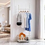 TAO ONE Bastone appendiabiti in metallo su rotelle, con cesto portaoggetti, per camera da letto, corridoio e soggiorno, bianco