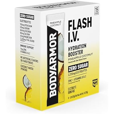 BODYARMOR Flash I.V. Electrolyte Packets, Pineapple Coconut, Zero Sugar Drink Mix, Single Serve Packs, Coconut Water Powder, Hydration for Workout, Travel Essential, Add Sticks to Liquid (15 Count)