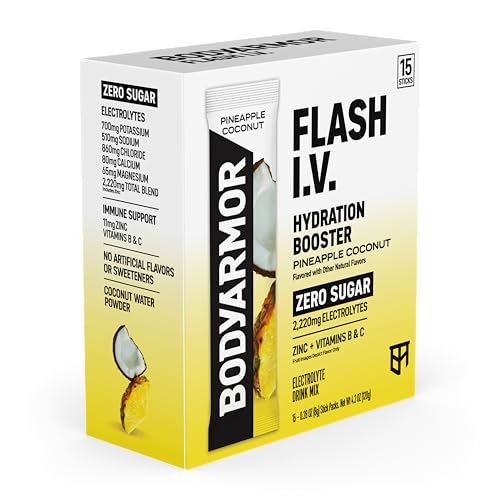 Image of BODYARMOR Flash I.V. Electrolyte Packets, Pineapple Coconut, Zero Sugar Drink Mix, Single Serve Packs, Coconut Water Powder, Hydration for Workout, Travel Essential, Add Sticks to Liquid (15 Count)