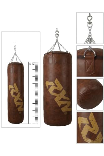 Image of RXN Powerstrike Boxing Punching Bag (Brown, 100 CM) | Synthetic Leather | Pre-Filled | Heavy-Duty Build | 4-Way Chain Included | Boxing, MMA & Kickboxing Training